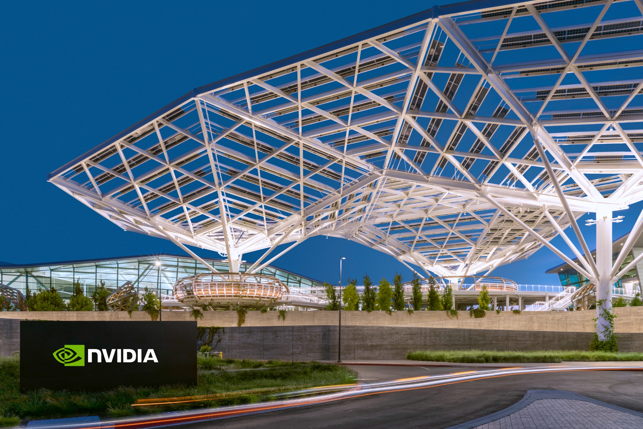 NVIDIA headquarters illuminated at dusk